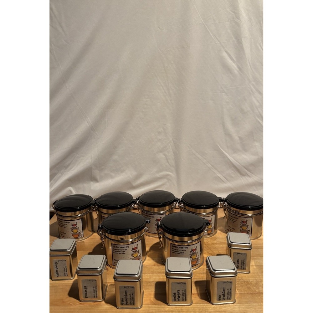Lot of 13 Tea Storage Tins Airtight Canisters Metal Containers Matching